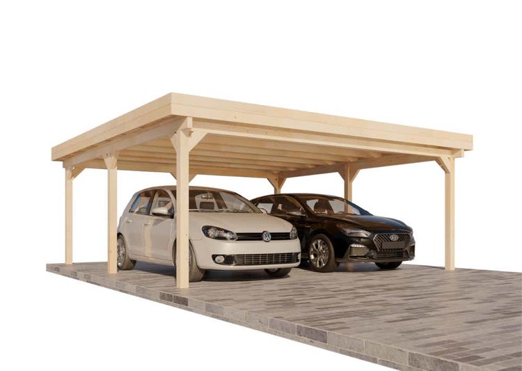 Doppelcarport aus hellem Holz mit Flachdach, bietet Platz für zwei Autos auf gepflasterter Fläche.
