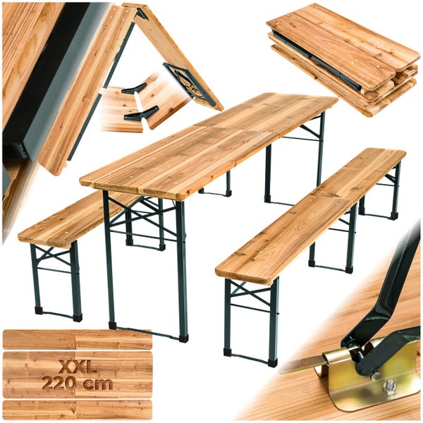 Bierzeltgarnitur, bestehend aus einem Tisch und zwei Bänken mit Klappgestell