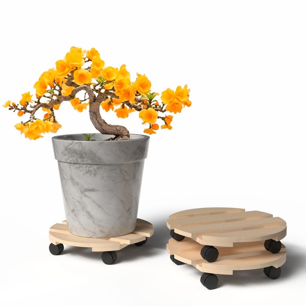 Blumenroller aus Holz mit Pflanze im Topf