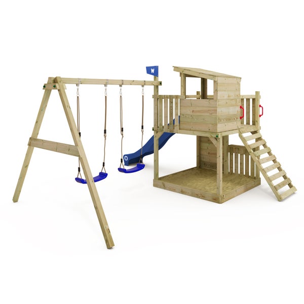 WICKEY Spielturm Klettergerüst Smart Cabin mit Schaukel und Rutsche, Stelzenhaus mit Sandkasten, Kletterwand und Spiel-Zubehör - blau