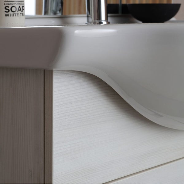 75cm Badschrank mit Türen und Füßen, Waschbecken, Spiegel mit Hängeschrank und LED | Rimini