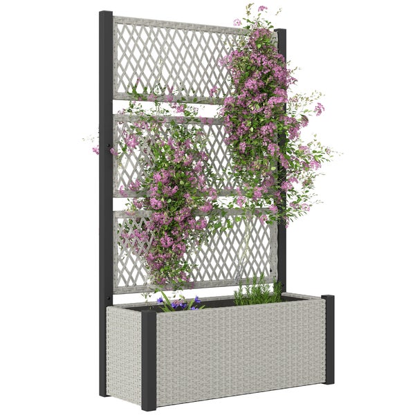 Pflanzkasten mit Rankgitter in Rattan-Optik mit Blumen im Garten. Wasserfest, Ultraviolett-beständig, pflegeleicht und handgewebt.