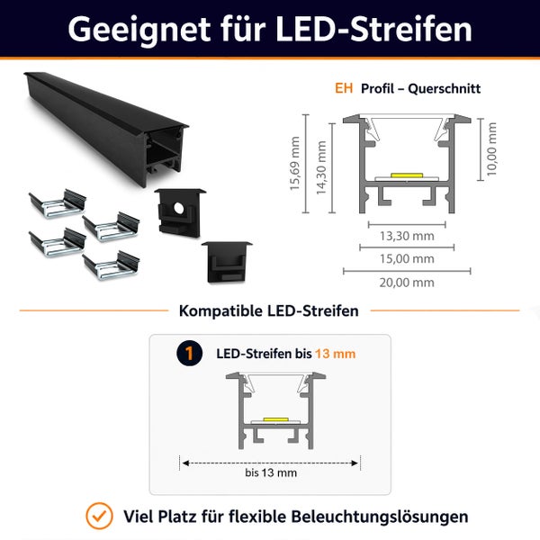 Einbauprofil für LED Streifen inklusive Halterungen und Endkappen mit technischer Zeichnung zur Veranschaulichung der Profilmaße.