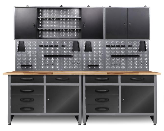 Werkbank mit Lochwand, Schubladen und Schränken für die Werkstatt