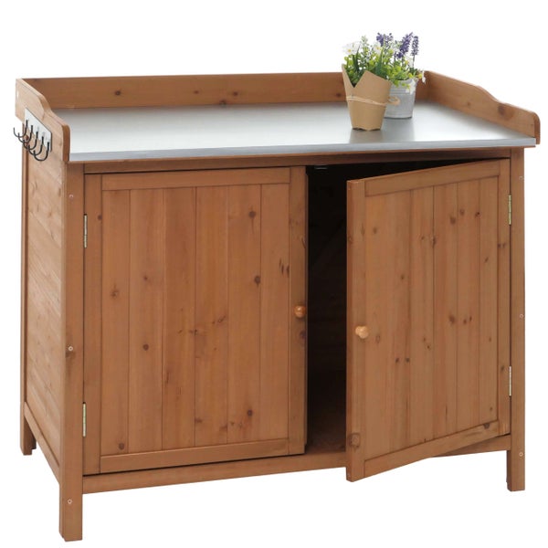 Holz Pflanztisch mit Metallplatte und Haken