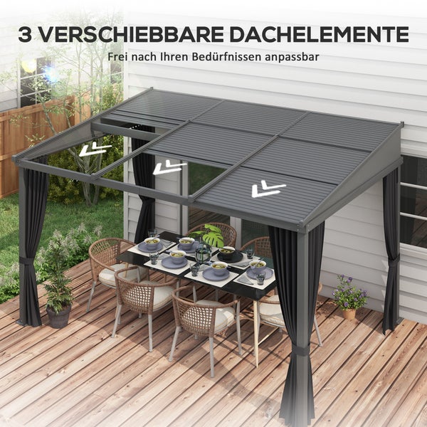 Pergola mit verschiebbaren Dachelementen, Tisch und Stühlen auf einer Terrasse