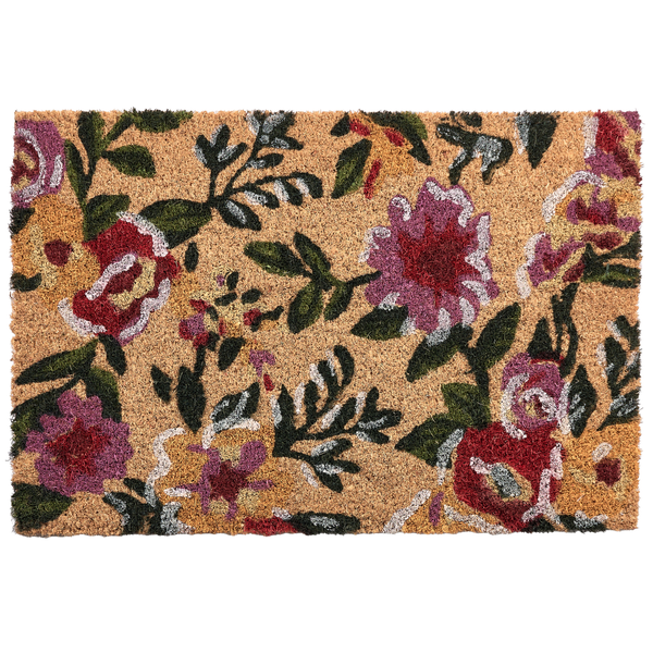 Rechteckige Fußmatte aus Kokosfasern mit floralem Muster aus Blüten und Blättern in Rot, Rosa und Grün.