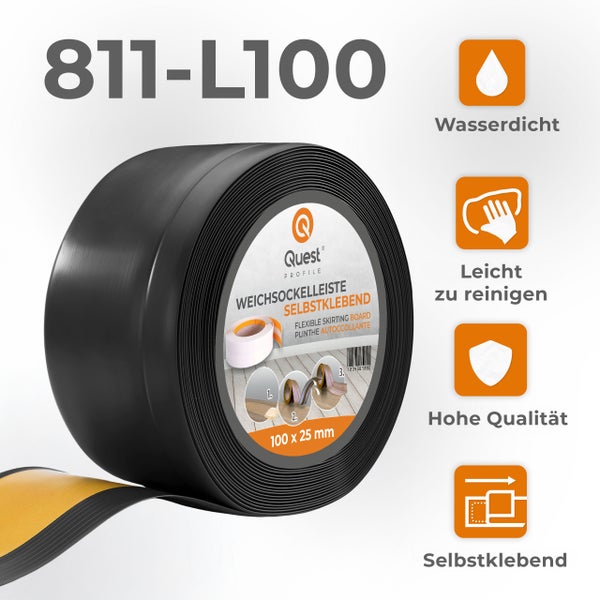 Quest Profile selbstklebende Weichsockelleiste auf der Rolle, 100 mal 25 Millimeter, wasserdicht, pflegeleicht und hochwertig.