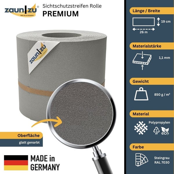 Zaun zu Sichtschutzstreifen Rolle Premium, 26 Meter lang und 19 Zentimeter breit, Material Polypropylen, Gewicht 850 Gramm pro Quadratmeter, Farbe Steingrau, Made in Germany