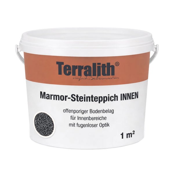 Terralith Marmor-Steinteppich für Innenbereiche, offenporiger Bodenbelag im Eimer für circa 1 Quadratmeter.