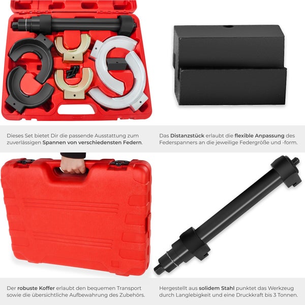 Universal-Federspanner-Set aus Stahl mit verschiedenen Spannbacken, einem Distanzstück und einer Druckspindel in einem roten Transportkoffer.