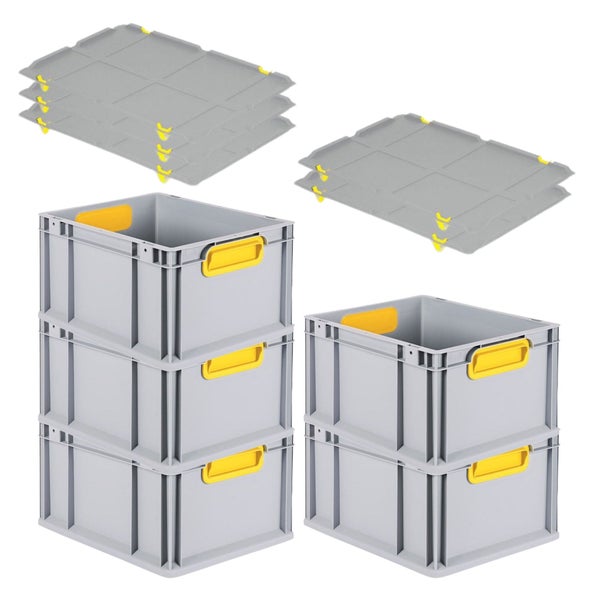 PROREGAL Spar Set 5x Eurobox Nextgen Color Mit Auflagedeckel & Schiebeschnappverschlüsse HxBxT 22 x 30 x 40 cm Griffe Gelb Geschlossen Glatter Boden