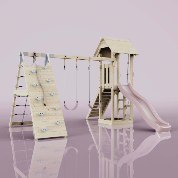 Spielturm aus Holz mit rosa Rutsche, zwei rosa Schaukeln, Kletterwand mit Griffen und Seil sowie Kletternetz.
