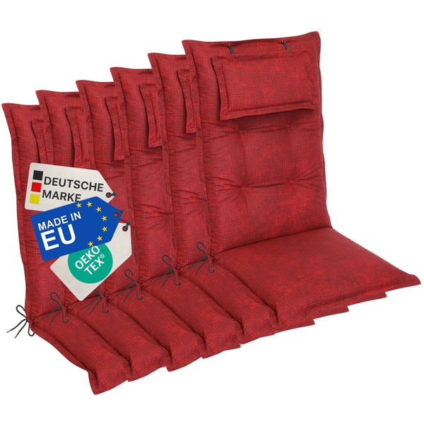 Mehrere rote Stuhlkissen mit hoher Rückenlehne, mit den Kennzeichen Deutsche Marke, Hergestellt in der EU und Oeko-Tex