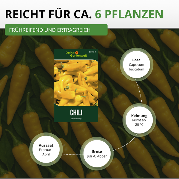 Chili Lemon Drop Samen von Deine Gartenwelt Logo. Reicht für circa 6 Pflanzen. Aussaat Februar bis April, Ernte Juli bis Oktober.