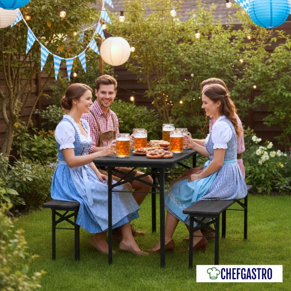 Festzeltgarnitur mit Tisch und zwei Bänken im Garten, dekoriert mit Lichterkette und Girlanden für eine bayerische Feier.