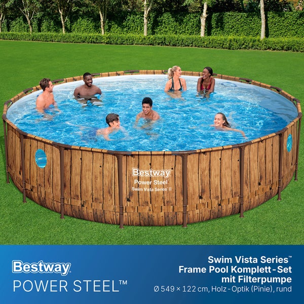 Bestway Power Steel Swim Vista Series II Frame Pool Set, rund, Holz-Optik Pinie, mit Sichtfenstern und Filterpumpe, 549 mal 122 Zentimeter.