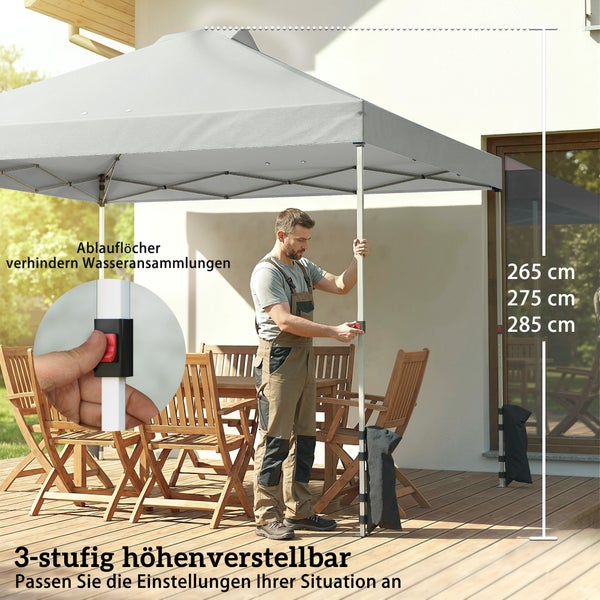Heller Außenbereich mit Gartenmöbeln unter einem grauen Faltpavillon. Dreistufig höhenverstellbar bis 285 Zentimeter mit Ablauföffnungen.
