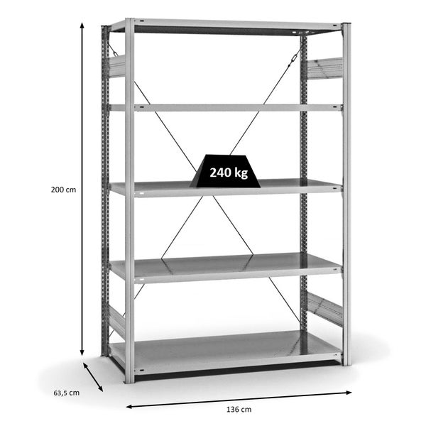 PROREGAL Fachbodenregal Stecksystem T-Profil Medium-Duty Grundregal HxBxT 200 x 130 x 60 cm 5 Ebenen Fachlast 240 kg Einseitig Nutzbar Verzinkt