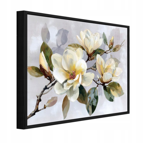 Wandbild mit Magnolienblüten in schwarzem Rahmen, Leinwandbild im Malereistil mit Blumenmotiv.