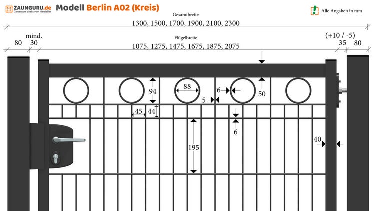 Zauntür ZAUNGURU BASIC-Linie Berlin Kreis aus Metall, Höhe: 163cm, Breite: 150cm, 1-flügelig inkl. Pfosten, Schloss und Zubehör, Feuerverzinkt und zusätzlich in RAL 7016 Anthrazitgrau pulverbeschichtet