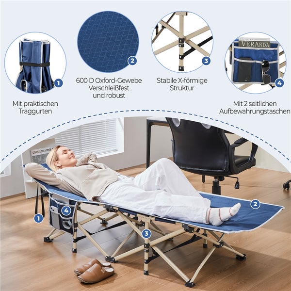 Faltliege mit Tragetasche, strapazierfähigem Oxford-Gewebe, X-förmiger Struktur und seitlichen Aufbewahrungstaschen.