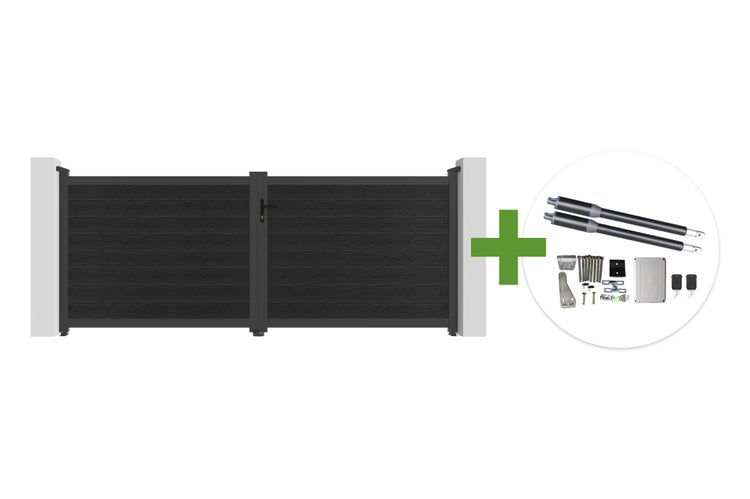 Zweiflügeliges Einfahrtstor in Anthrazit inklusive elektrischem Torantrieb-Set mit zwei Motoren und Fernbedienungen.