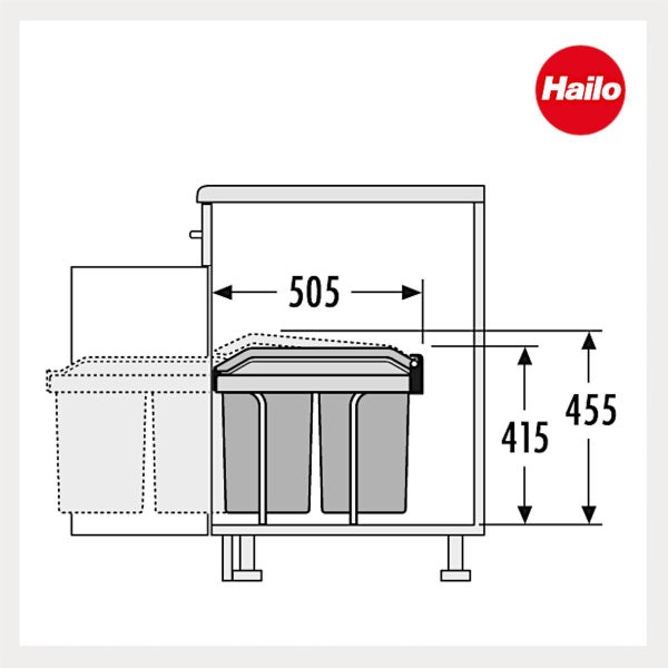 Maßzeichnung Hailo Abfalltrennsystem für Küchenschrank: Breite 505 Millimeter, Höhe 415 Millimeter und 455 Millimeter. Hailo Logo.