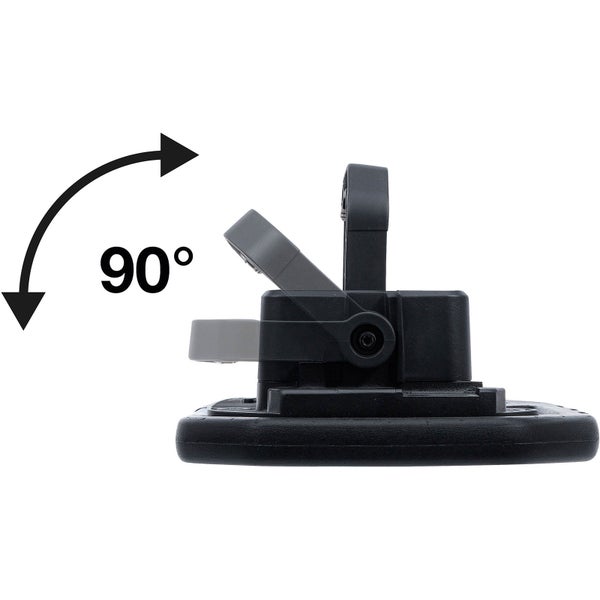 Schwarze Kunststoffbasis mit Hebel, um 90 Grad verstellbar.