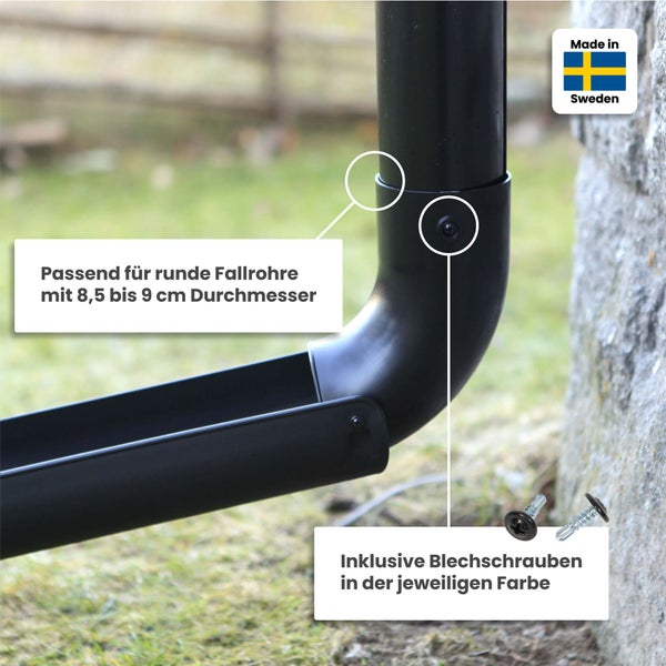 Detailaufnahme eines Dachrinnenbogens mit Schrauben und dem Made in Sweden Logo.