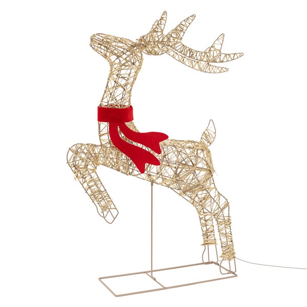 LED Leuchtfigur Rentier aus Drahtgeflecht mit roter Schleife als Weihnachtsdekoration für den Innenbereich