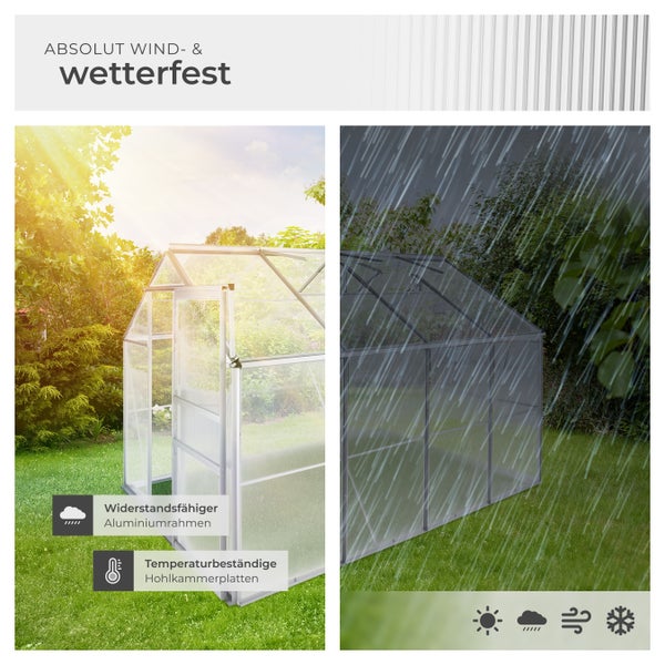 Abbildung eines Gewächshauses mit Aluminiumrahmen und temperaturresistenten Hohlkammerplatten, das wind- und wetterfest ist