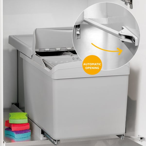 Einbau-Abfalleimer für Küchenschränke mit automatischem Öffnungsmechanismus und Auszugsschienen.