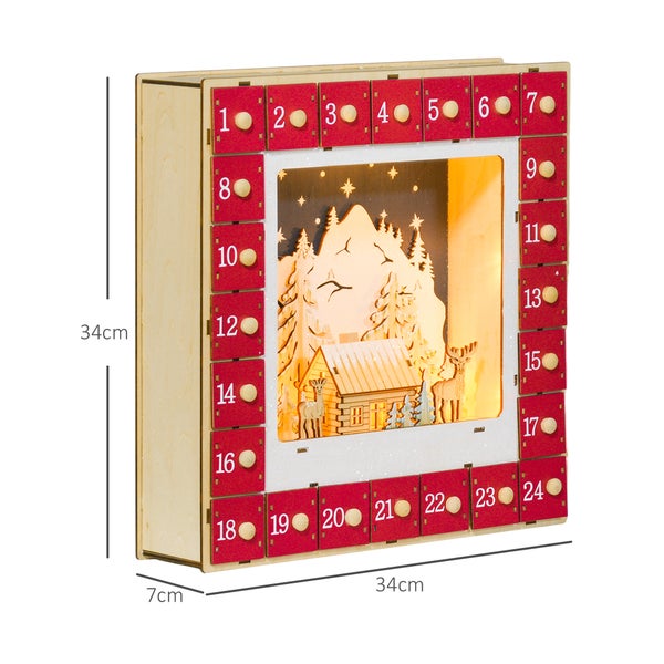 HOMCOM Adventskalender zum Befüllen 24 Schubladen Fächer Weihnachtskalender mit LED-Lichtern Adventskalenderbox Weihnachtsdekoration DIY MDF 34 x 7 x 34 cm Rot