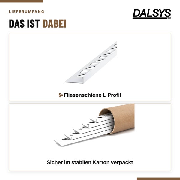 Dalsys Logo und Lieferumfang von 5 Fliesenschienen als L-Profil, sicher verpackt in einem stabilen Kartonrohr.