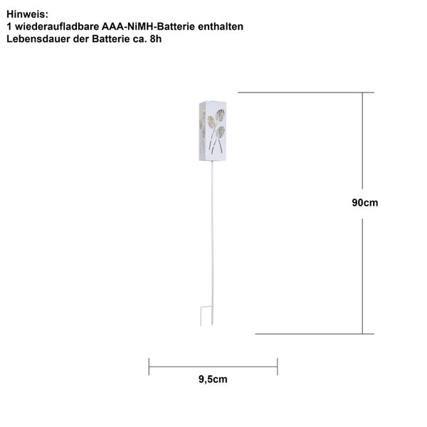 Abbildung einer Gartenleuchte mit den Maßen 90 cm Höhe und 9,5 cm Breite.