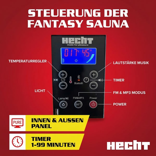 Digitales Bedienfeld für Hecht Fantasy Sauna mit Temperaturregler, Timer von 1 bis 99 Minuten, Lichtsteuerung, Bluetooth und Musikfunktion.