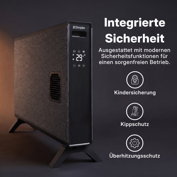 Dimplex Konvektor mit LED Display, Kindersicherung, Kippschutz und Überhitzungsschutz.