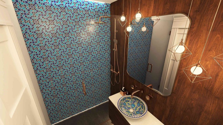 Badezimmer mit Mosaikfliesen, Dusche, Waschbecken und Spiegel