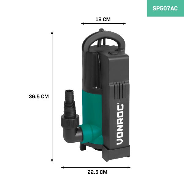 Vonroc Tauchpumpe SP507AC mit Maßangaben 36,5 Zentimeter Höhe und 22,5 Zentimeter Breite für Entwässerungsarbeiten