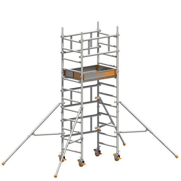 Rollgerüst mit verstellbaren Auslegern für den flexiblen Einsatz auf Baustellen