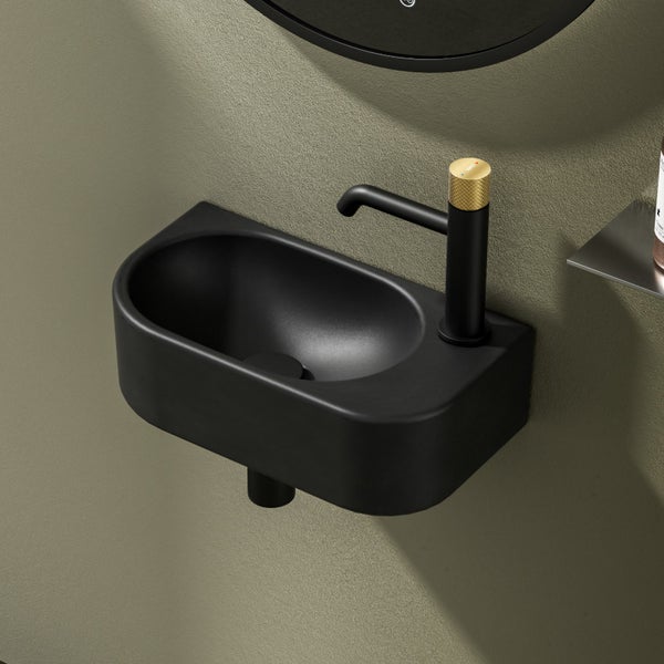 EMKE Hängewaschbecken für Ecke 400 x 215 mm, kleines rechteckiges Keramik, Wandwaschbecken, mit Hahnloch rechts, Höhe 12 cm, Schwarz, Perfekt für Badezimmer und Gäste-WC, leicht zu reinigen