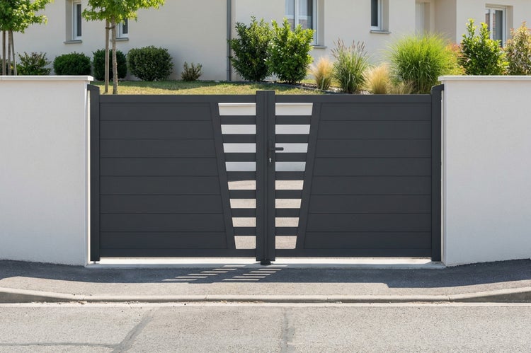 Modernes zweiflügeliges Einfahrtstor aus Aluminium in Anthrazit mit Lamellenoptik und zentralem dekorativem Element.