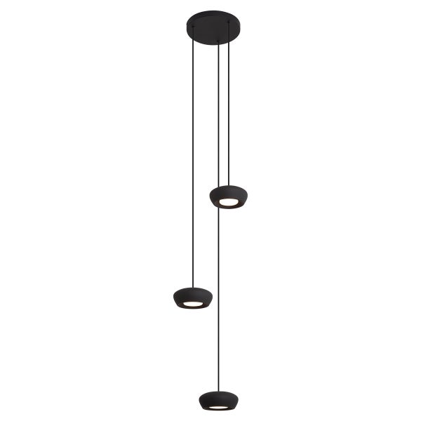 Moderne dreiflammige Pendelleuchte mit flachen, runden Leuchtenköpfen an filigranen Kabeln zur Deckenmontage