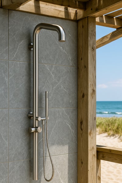 Moderne Außendusche aus gebürstetem Edelstahl mit Kopfbrause und Handbrause, montiert an Fliesen in Steinoptik unter einer Holzkonstruktion.