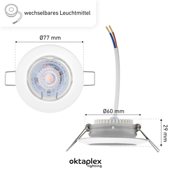 Oktaplex Lighting 3er Set Deckenspot - Stufenlos dimmbar - 5W 3000K 230V 380lm Warmweiß 110° - LED Einbaustrahler Weiß Lochmaß 60mm