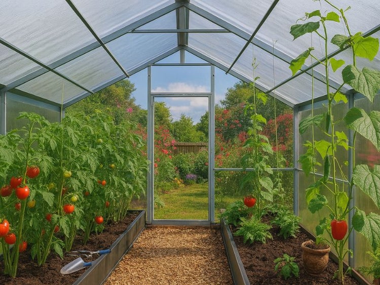 Gewächshaus mit Tomaten- und Gurkenpflanzen in Hochbeeten.