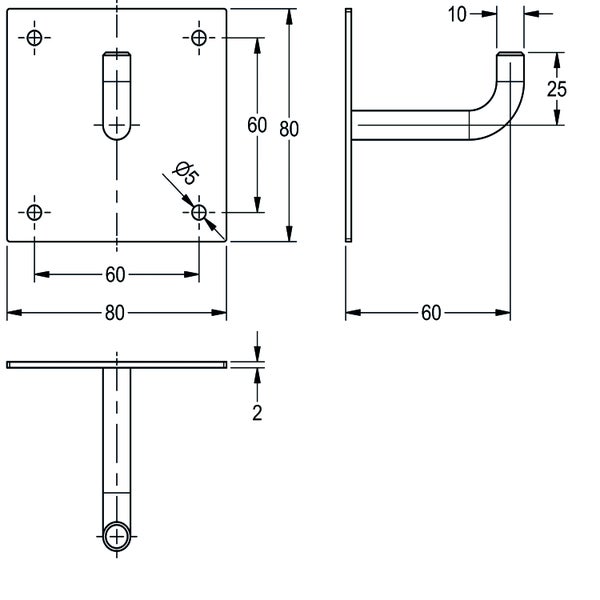 Technische Zeichnung eines Wandhakens mit Maßen: Grundplatte 80 mal 80 Millimeter, Tiefe 60 Millimeter, Hakenhöhe 25 Millimeter.