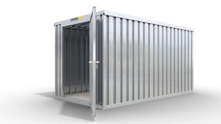 Lagercontainer Gerätehaus M  – 6 qm, H2150 x B3050 x T2170 mm, verzinkt, mit Holzfußboden, 1270 mm Einflügeltür mittig in Stirnseite, zerlegt