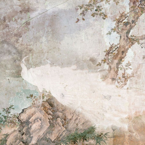 Tapete mit Pfauenmotiv und floralen Elementen